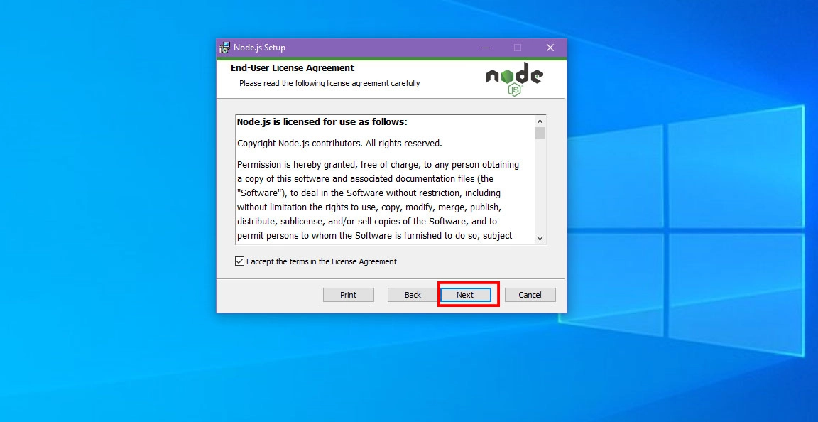 Akzeptieren der Lizenz von Nodejs