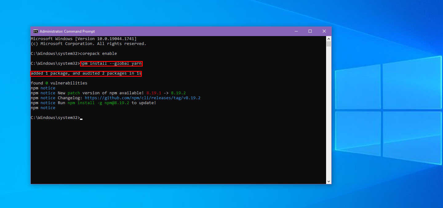 Installieren von Garn mit CMD unter Windows