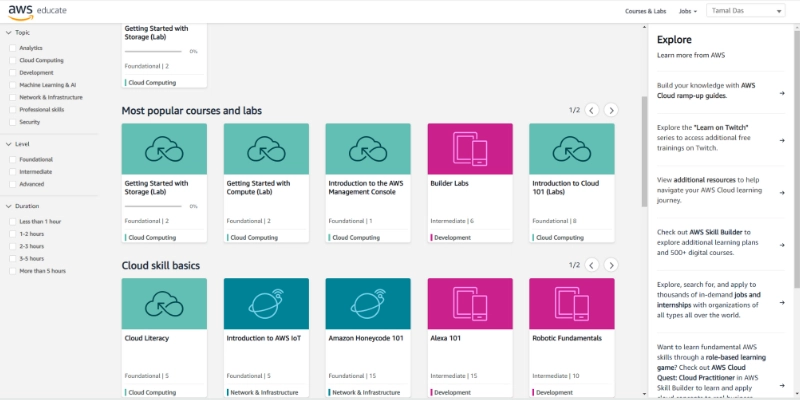 AWS Educate がカバーする学習トピック