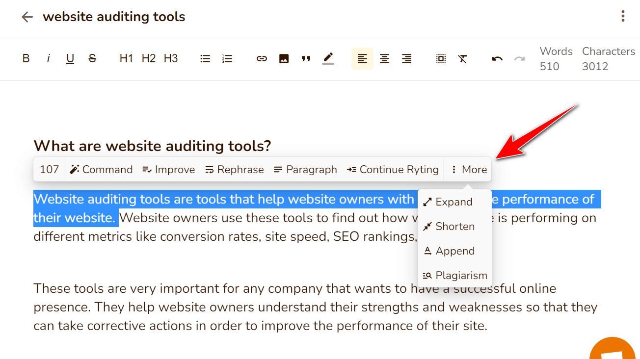 Recenzja Rytr 2022: Najlepsze narzędzie do pisania AI do tworzenia treści 6 writing tool with options menu