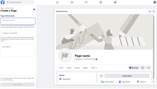 Exemplu de creare a unei pagini Facebook