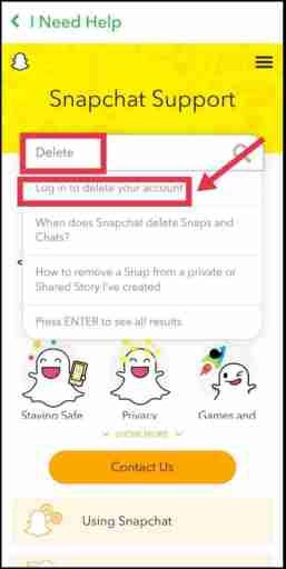 Wpisz usuń w polu wyszukiwania, aby usunąć konto Snapchat
