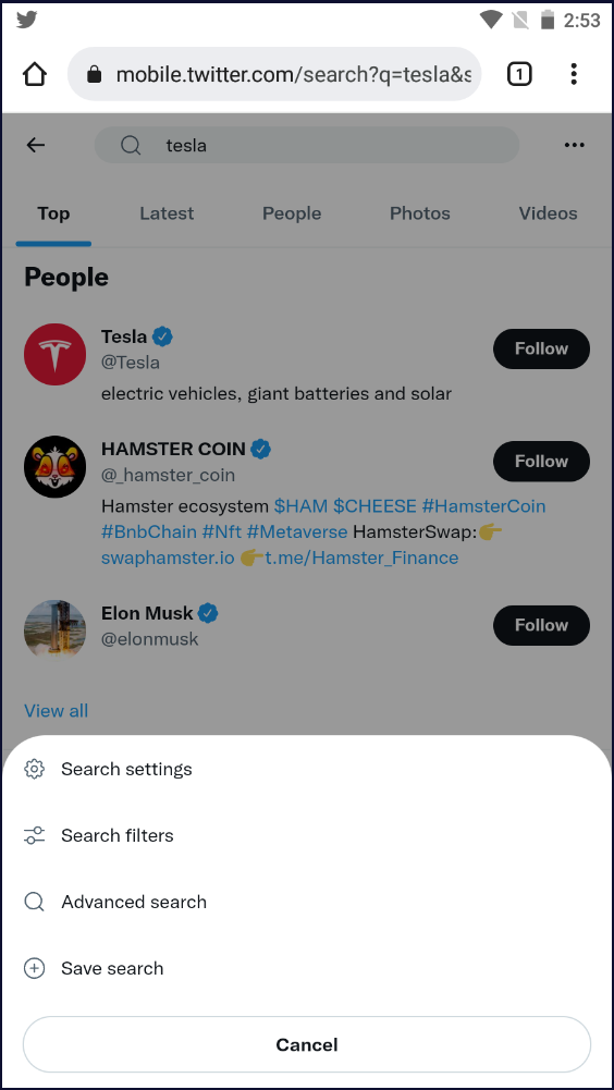 移動設備上的 Twitter 主頁