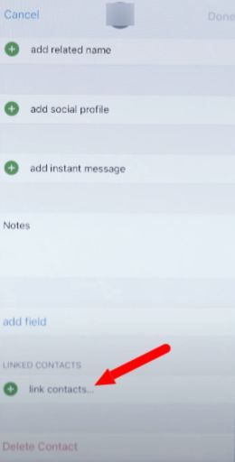 Clique na opção Link Contacts para excluir contatos duplicados no iPhone