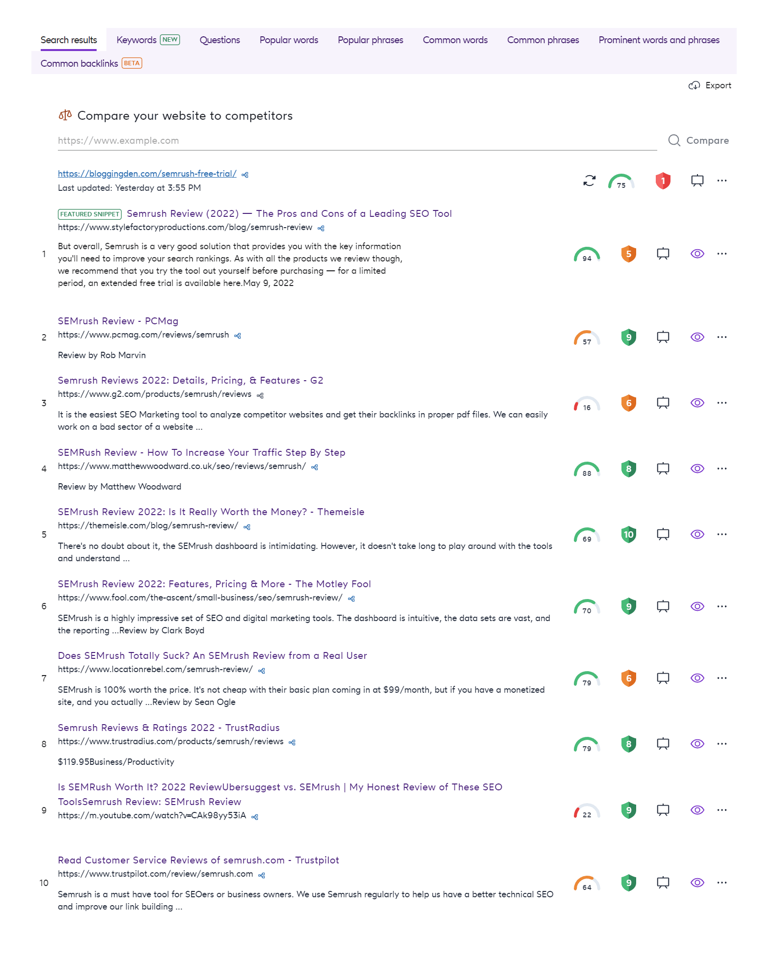 SERP analyzer - search results comparision