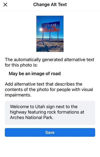 Application d'image avec texte alternatif généré automatiquement avec une image d'un panneau d'affichage "Bienvenue dans l'Utah" sur le bord de la route et le texte alternatif suivant : "Panneau Bienvenue dans l'Utah à côté de l'autoroute avec des formations rocheuses dans le parc national des Arches".