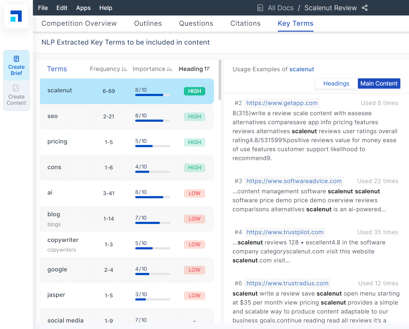 create brief - key terms