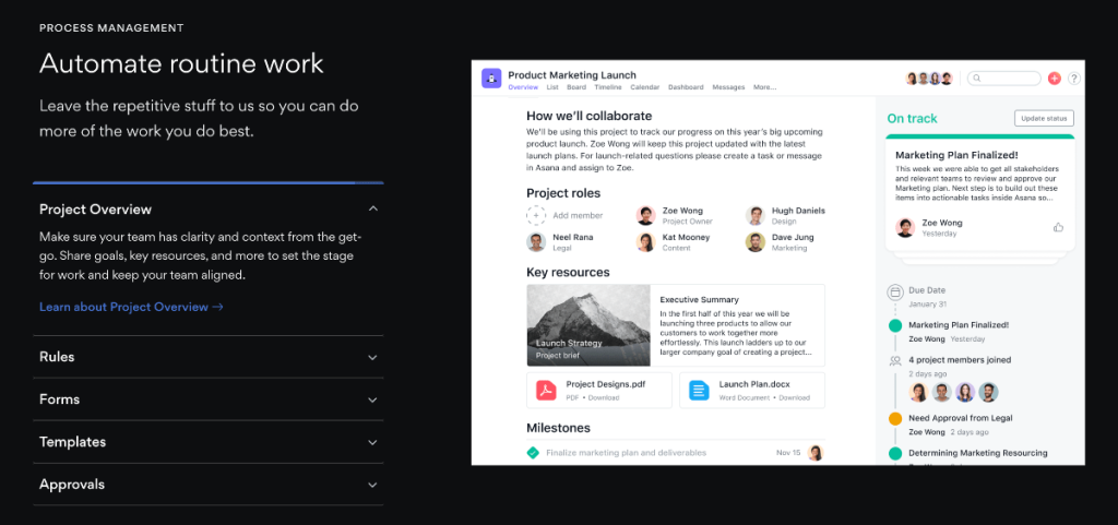 Capture d'écran des workflows d'automatisation d'Asana