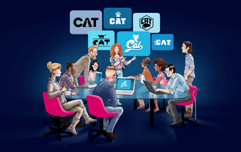 personas alrededor de una mesa discutiendo conceptos de diseño de logotipos