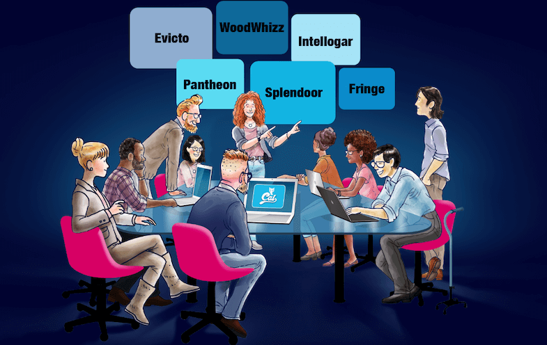 personas alrededor de una mesa discutiendo conceptos de diseño de logotipos