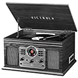 Victrola Nostalgic 6-w-1 Gramofon Bluetooth i centrum multimedialne z wbudowanymi głośnikami – 3-biegowy gramofon, odtwarzacz CD i kaset, radio AM/FM | Bezprzewodowe przesyłanie strumieniowe muzyki | Szary