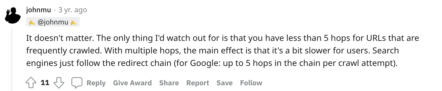 В ветке Reddit Джон Мюллер из Google указал, что Googlebot выполнит не более 5 перенаправлений, прежде чем сдастся.