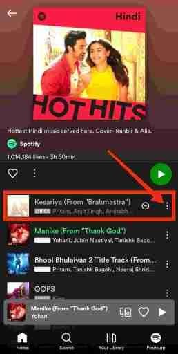 要取消隱藏 Spotify 上的歌曲，請單擊 Spotify 上的三個點設置