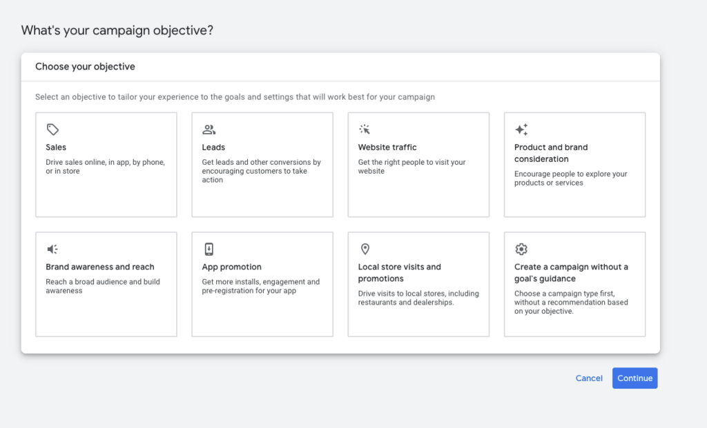 Écran Sélectionner l'objectif de la campagne dans Google Ads
