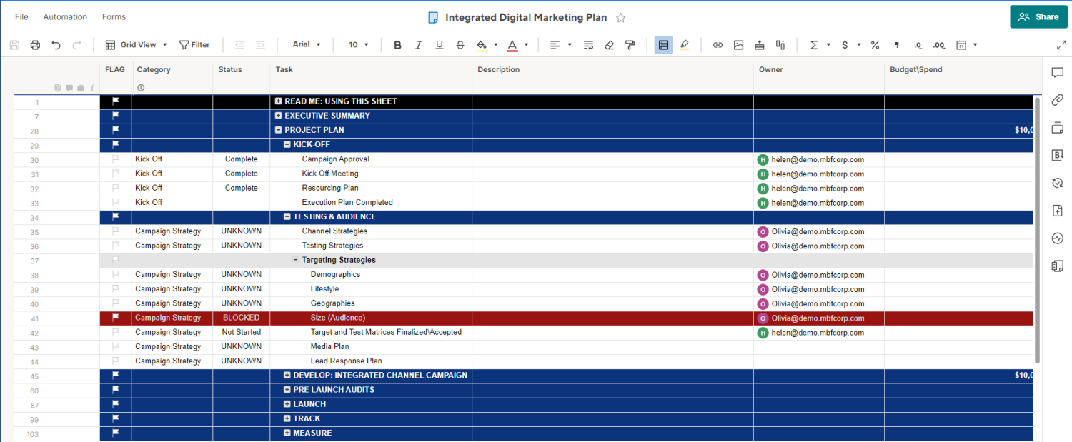 เทมเพลต Smartsheet การตลาดดิจิทัล