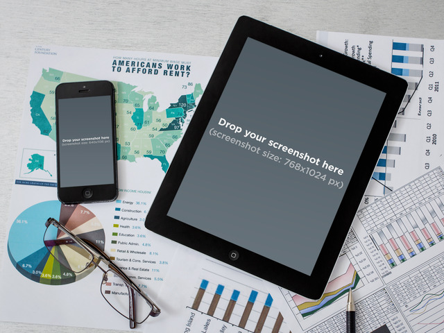 Maquette d'appareil iPhone et iPad sur papiers de bureau Placeit Stage Image