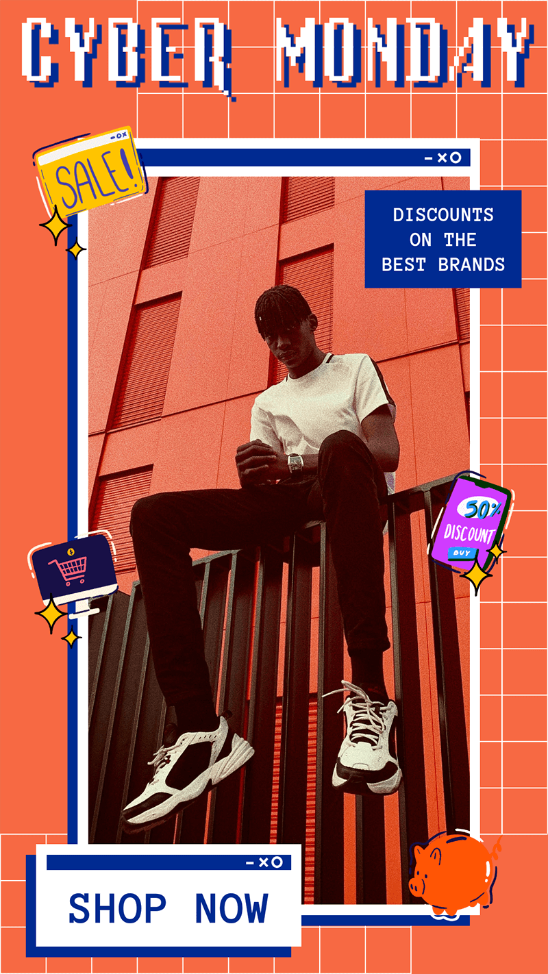 Modelo de história do Instagram para ofertas de moda da Cyber ​​Monday com adesivos de compras