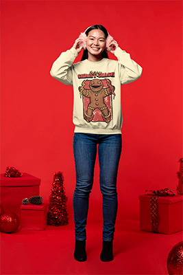 Maquete com tema de Natal de uma mulher feliz usando protetores de ouvido e um moletom