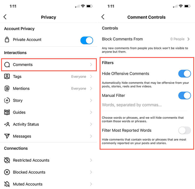 Instagram Gizlilik Yorumları Saldırgan Anahtar Kelimeler Güncellendi