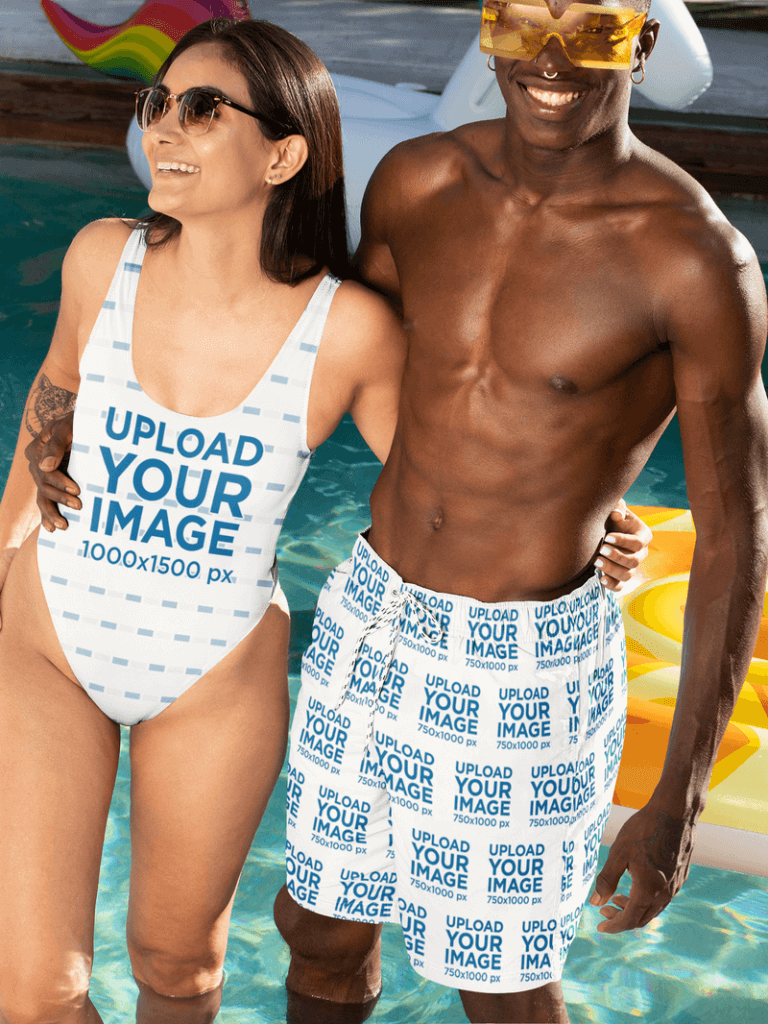 女性が着用する水着のモックアップと、男性が着用する水着のモックアップ。プールパーティー
