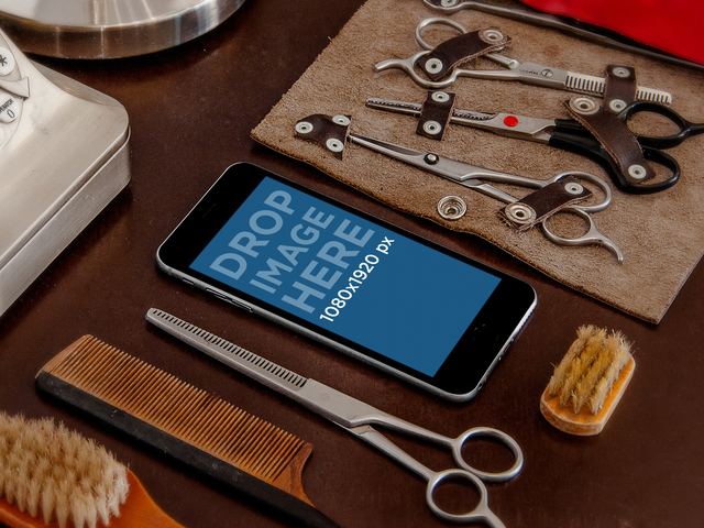 Maquete do produto, iPhone 6 em uma barbearia Placeit Stage Image