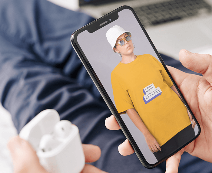 Machetă Iphone 11 Pro a unui bărbat care își împerechează Airpod-urile