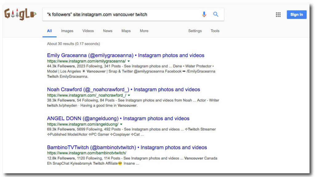 Ottieni più follower Screenshot dell'operatore di ricerca di Google su Instagram