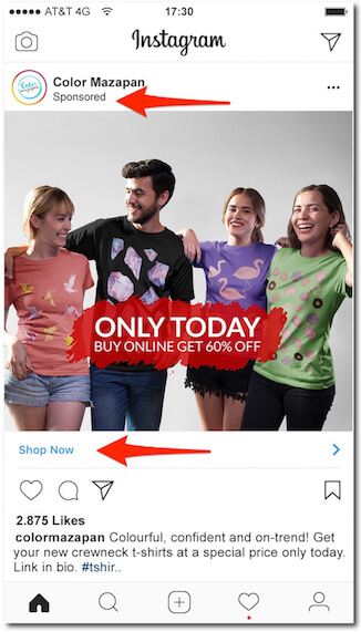 Esempio di annuncio di maglietta di Instagram Salvataggio dell'annuncio