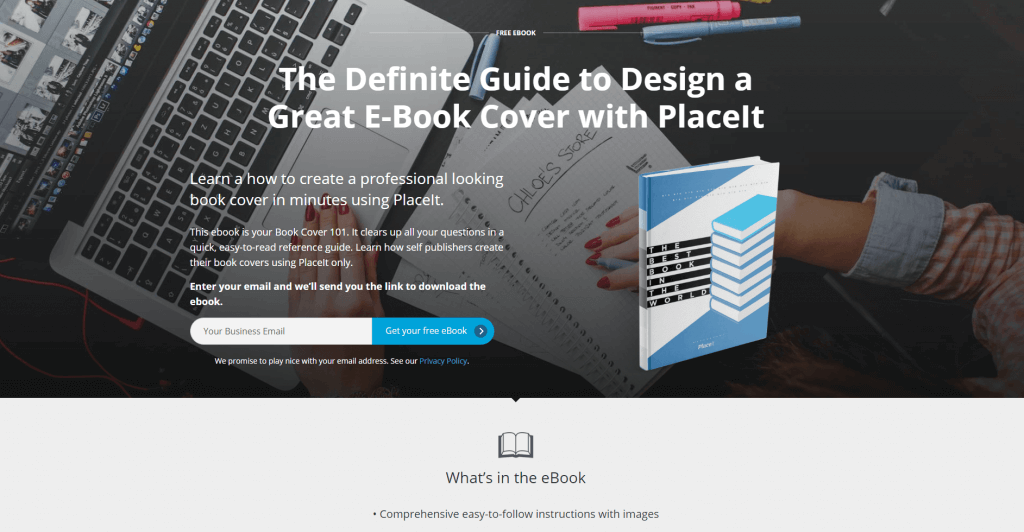 Mockup หน้า Landing Page ที่มีปก Ebook ของ Placeit