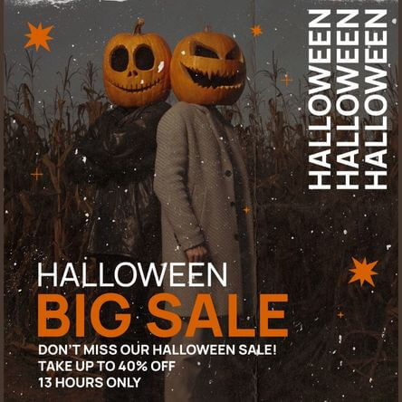 Instagram Post Maker für einen Halloween-Verkauf mit kürbismaskierten Charakteren