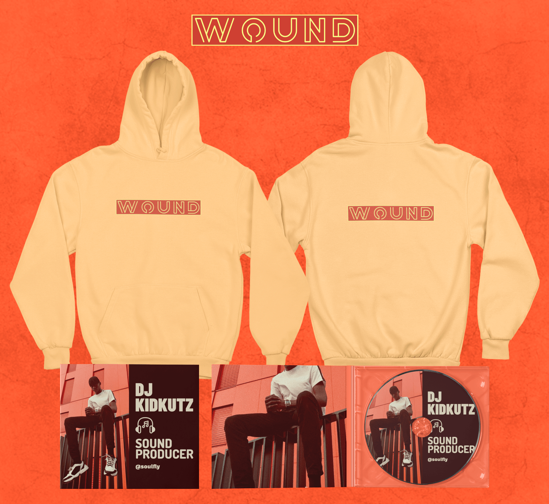 Merch Bundle Mockup mit einem Hoodie mit beidseitiger Ansicht und zwei Digipaks