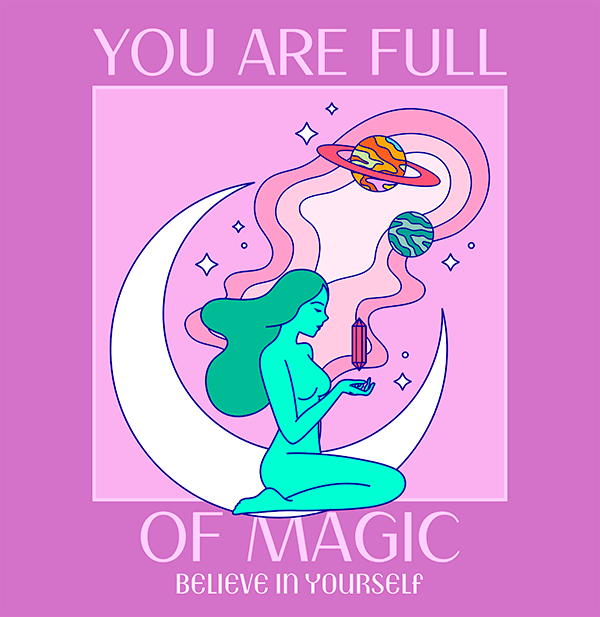 Design caratterizzato da una citazione magica e un'illustrazione di una donna e che rappresenta il colore come elemento di design