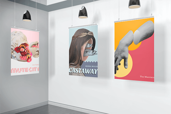 Tre poster all'interno di uno scenario minimalista che rappresenta l'unità nella progettazione grafica