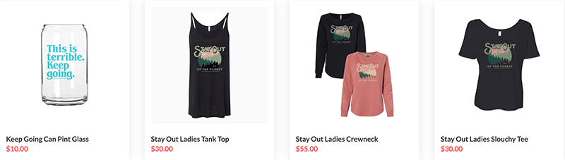 Zrzut ekranu przedstawiający podcasty z My Favorite Murder Merch