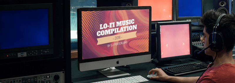 音楽スタジオで若いプロデューサーをフィーチャーした Imac モックアップ
