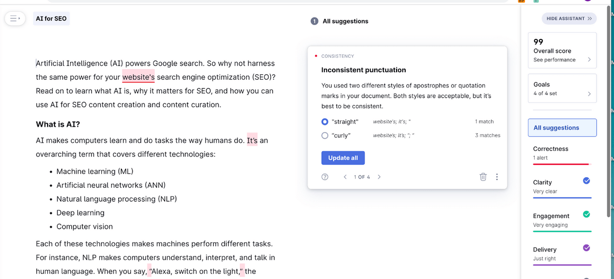 Grammarly와 같은 AI 도구가 문법, 구두점 및 쓰기 스타일을 자동으로 확인하는 방법을 보여줍니다.