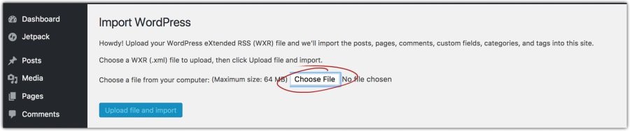 pilih file WordPress.com untuk diunggah