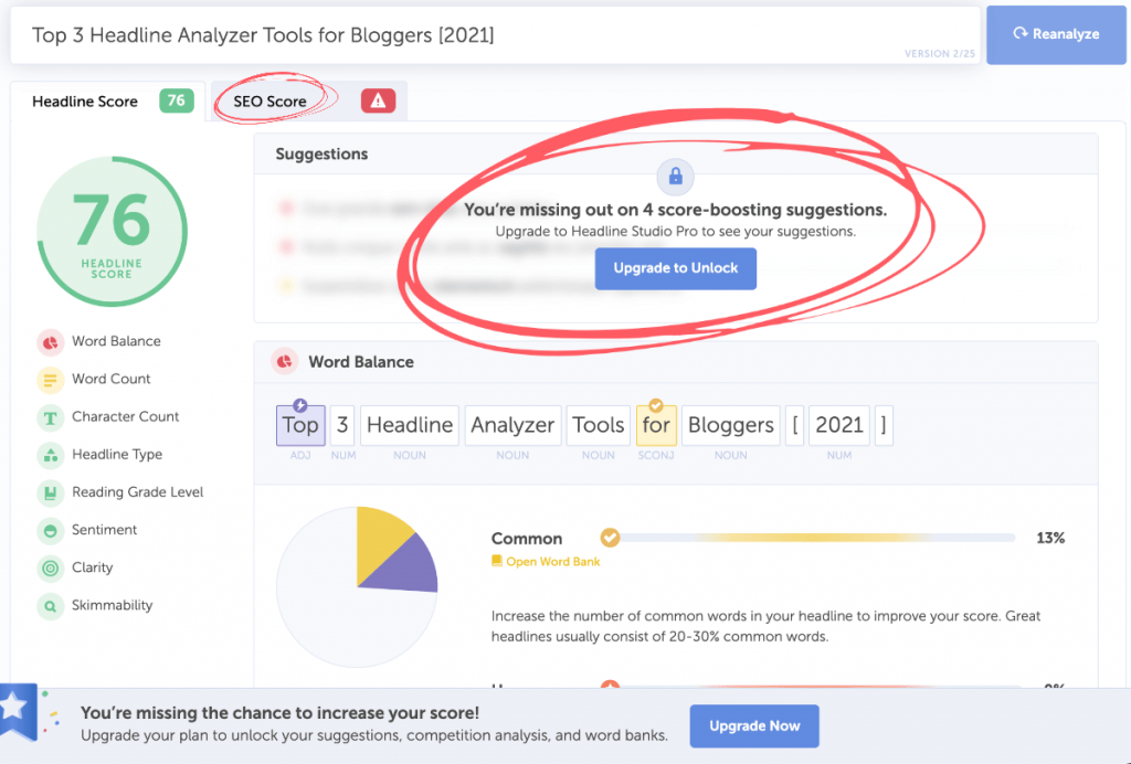 tangkapan layar versi gratis penganalisis judul coschedule