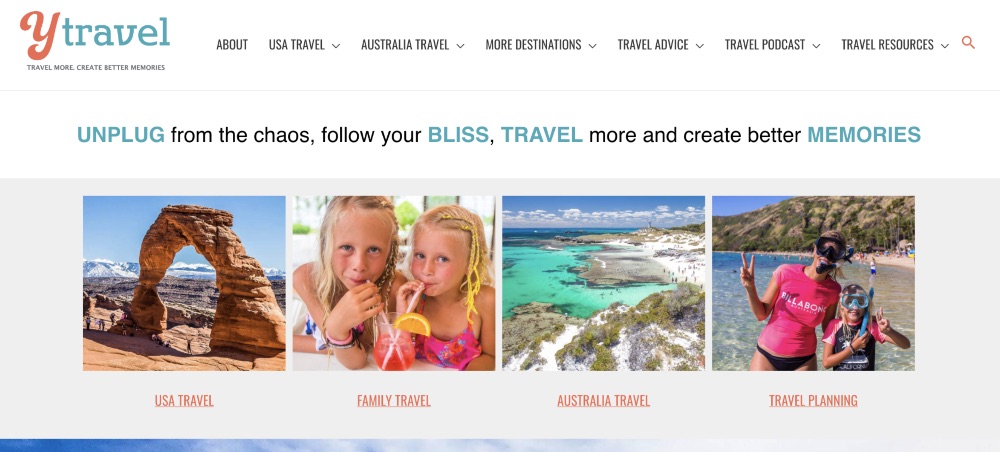 Captură de ecran a paginii de pornire pentru blogul Y Travel