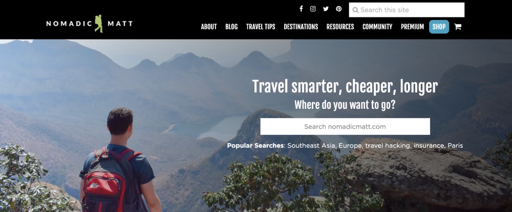 Captură de ecran a paginii de start pentru blogul Nomadic Matt