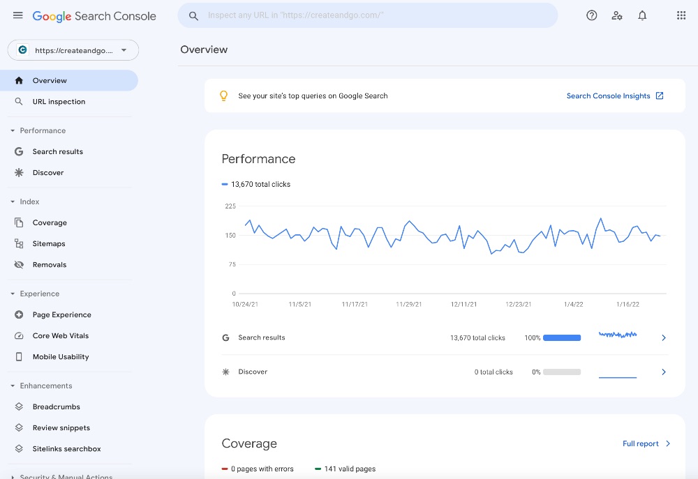 Screenshot dalla pagina di Google Search Console di Create and Go