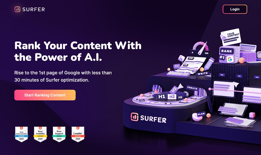 Screenshot della home page di Surfer SEO