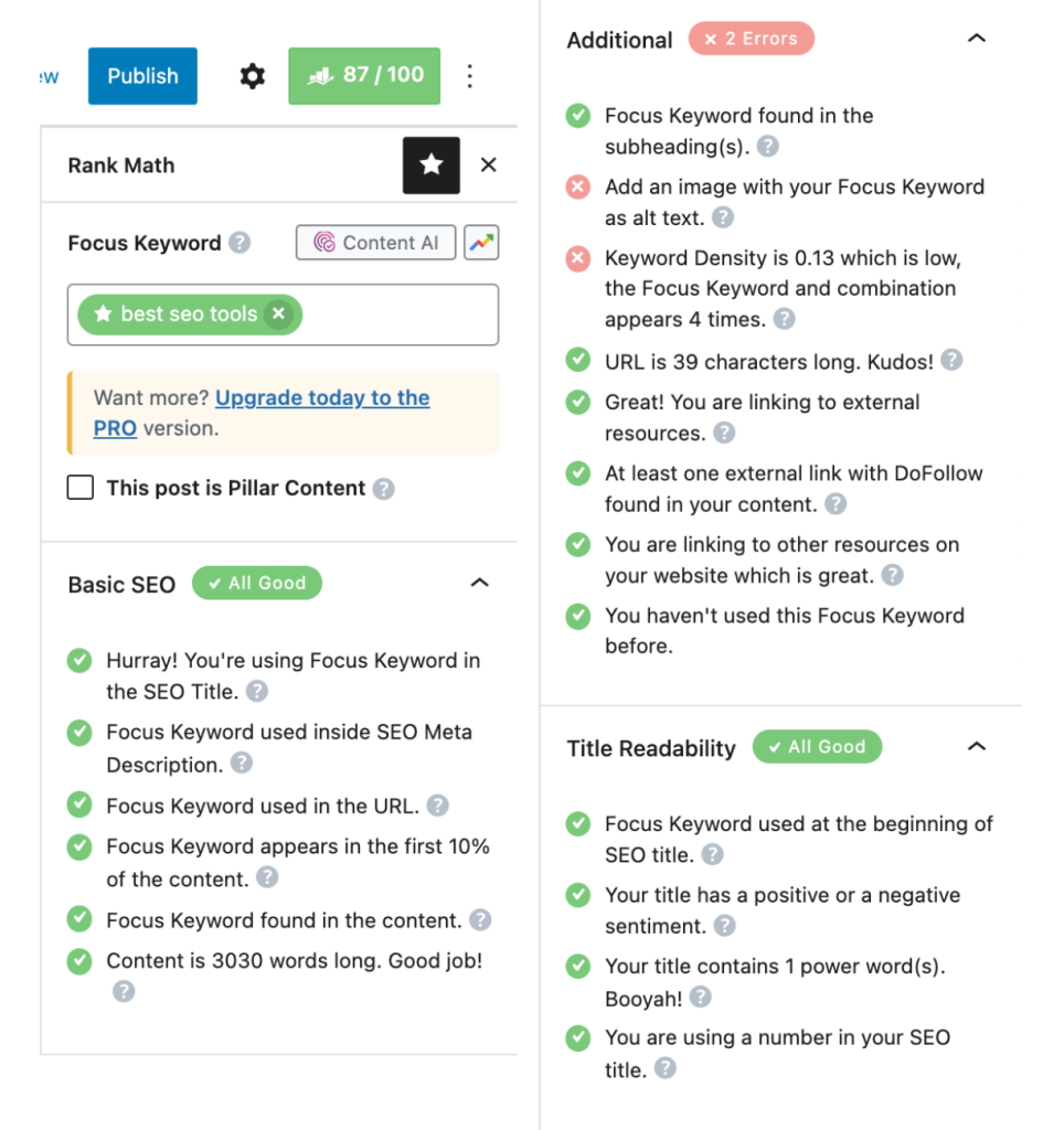 Screenshot del plug-in dello strumento SEO per la classifica