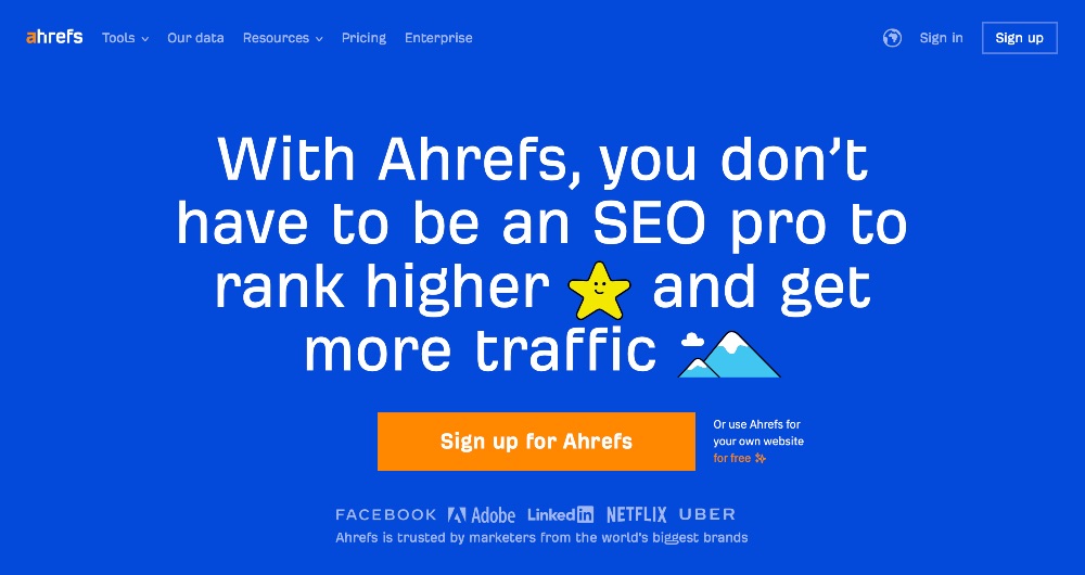 Screenshot della home page di Ahrefs, non connesso