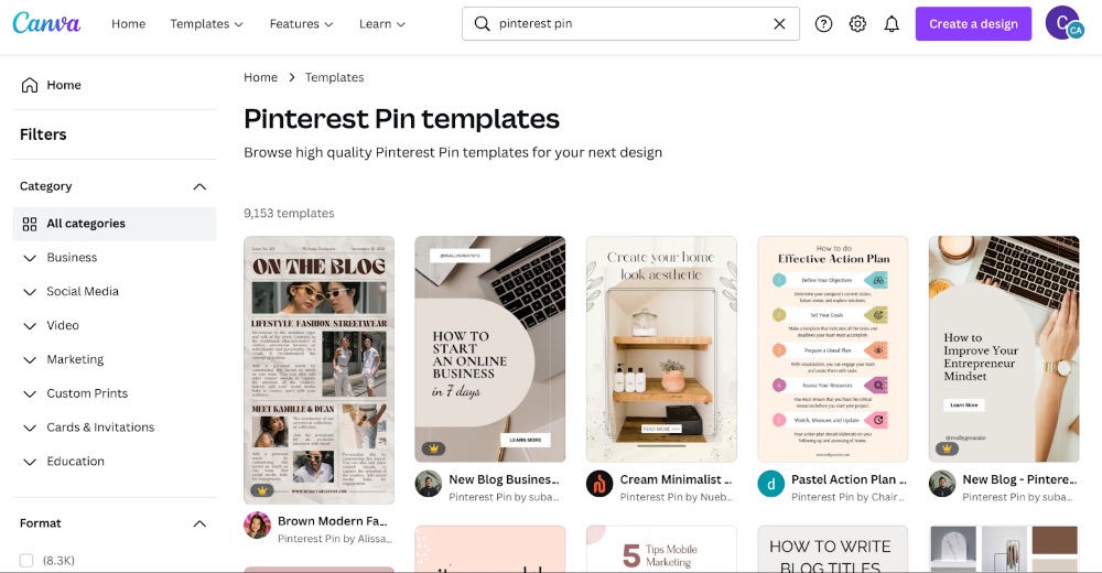 Canva 搜索欄搜索結果中用於 pinterest 引腳的 Canva 模板