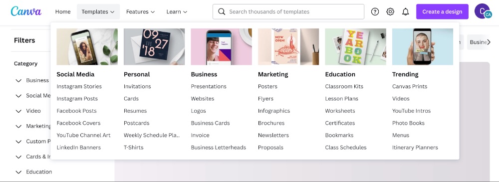 標題菜單屏幕截圖中的 Canva 模板列表