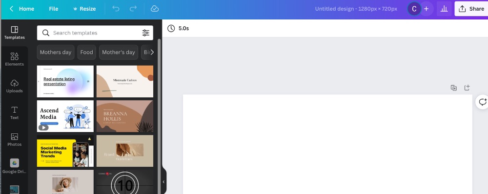 模板選項卡下 Canva 編輯器側欄菜單中的 Canva 模板