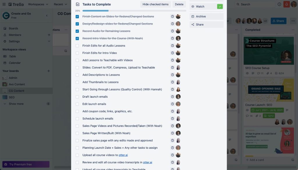 attività di gestione del team trello