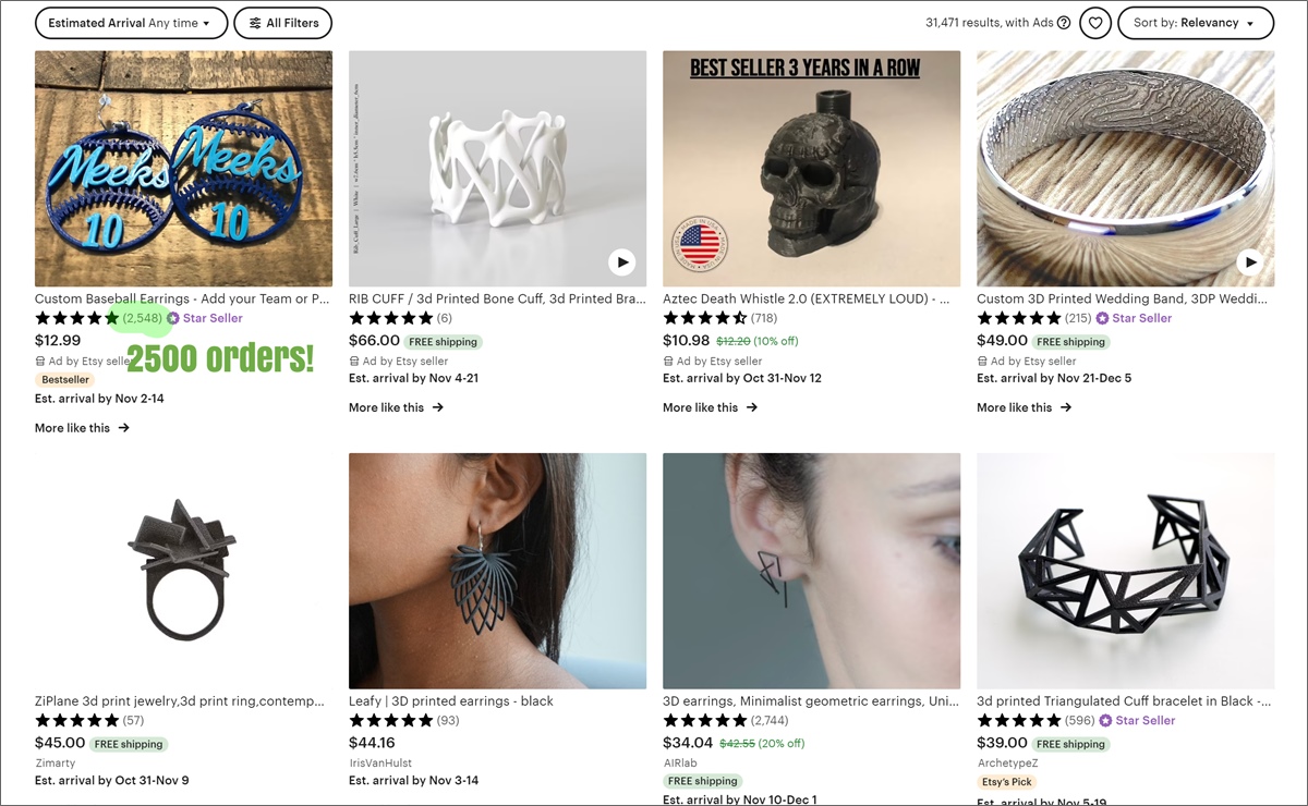 Gioielli stampati in 3d su etsy
