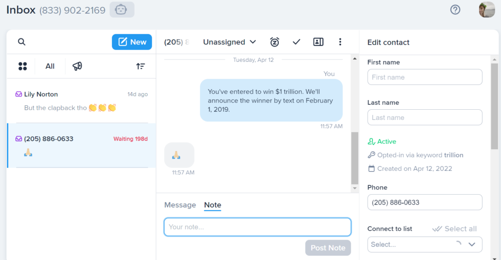 Взгляд на функцию заметок в папке «Входящие» SimpleTexting